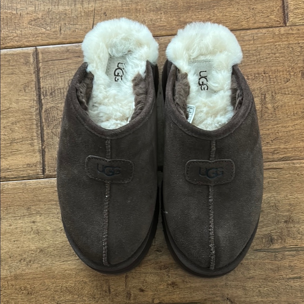 UGG Brown Suede Slippers with White Fur Lining